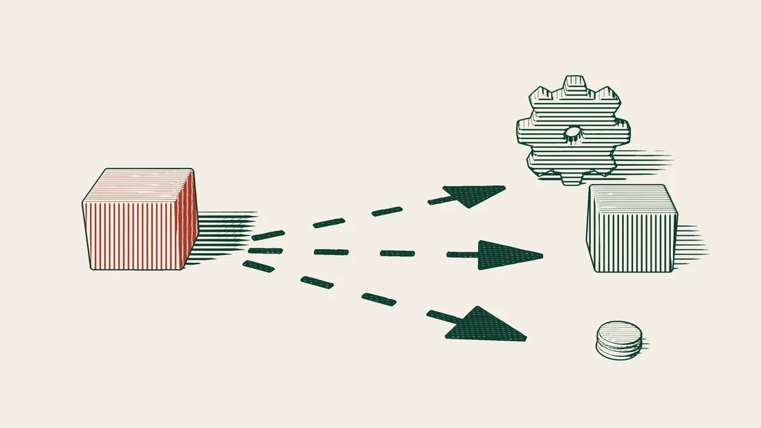 Three paths lead from a recalled parcel: one to a gear wheel, one to a new parcel and one to a tower of coins.