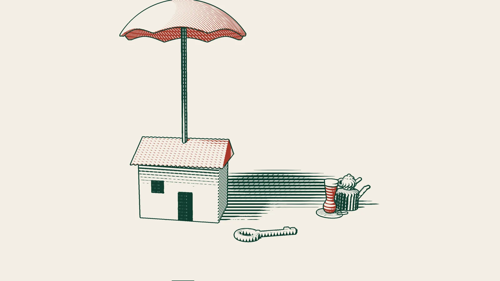 Engraving: a tiled-roof house under an open umbrella, a brass key in front and a Turkish tea set to the side.