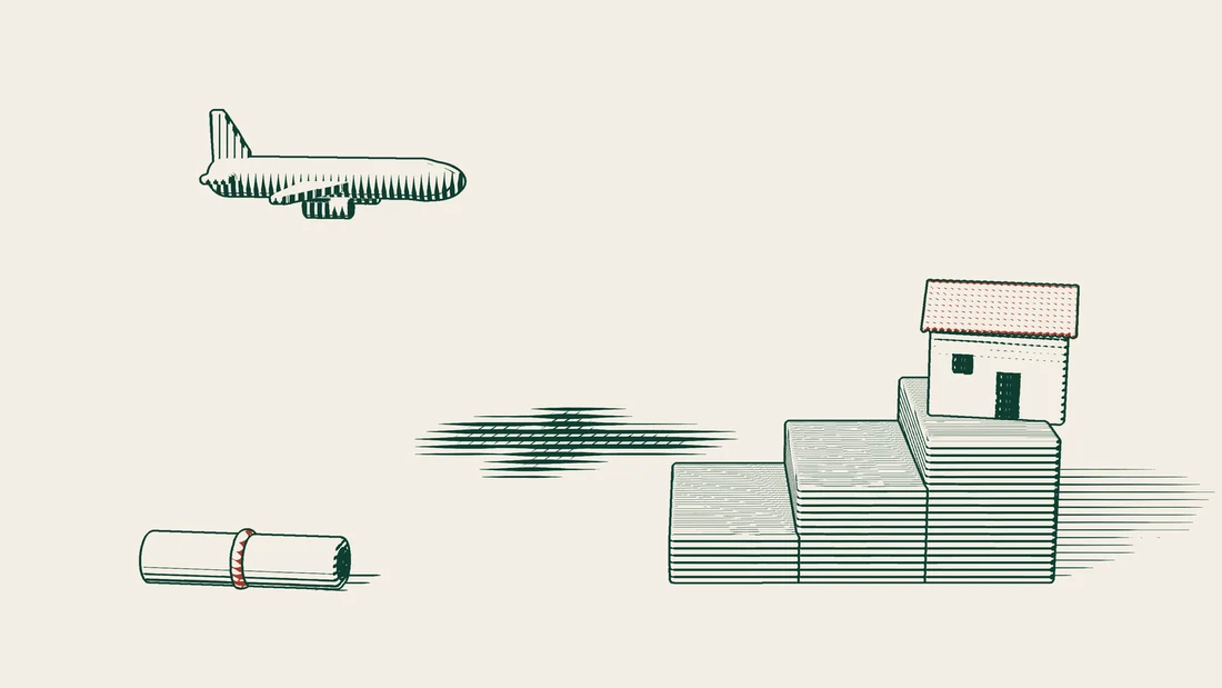 A ribboned power of attorney lies beneath an aeroplane, with a house standing at the top of a flight of steps.