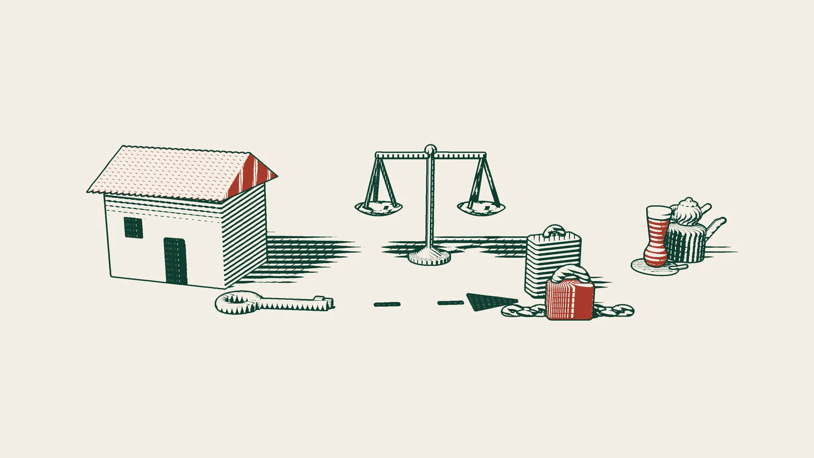 Engraving: a house key follows an arrowed path to another person's suitcase chained with a red padlock, beside a scale and a Turkish tea set.