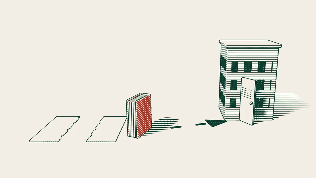 From a torn sheet and a red-bound register book, a dashed path leads back to a company building with its door ajar.