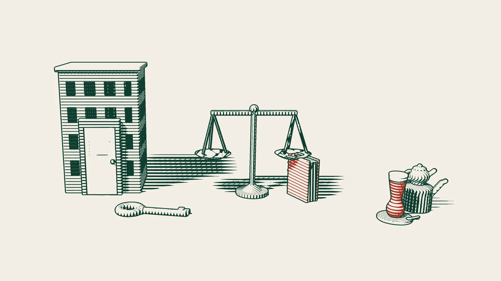 Engraving: a brass key lies before the locked door of a company building, beside a scale and a red bound book and a Turkish tea set.