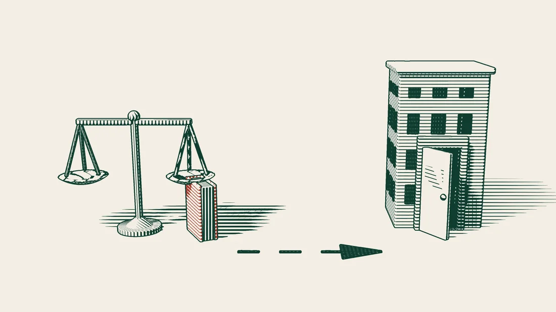 An arrowed path runs from a balance scale and a red-bound book to a company building whose door stands open again.