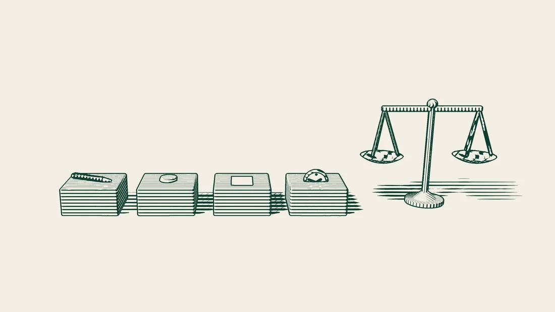 Four objects stand on four separate pedestals: a pen, coins, a document and a clock, with a balance scale beside them.