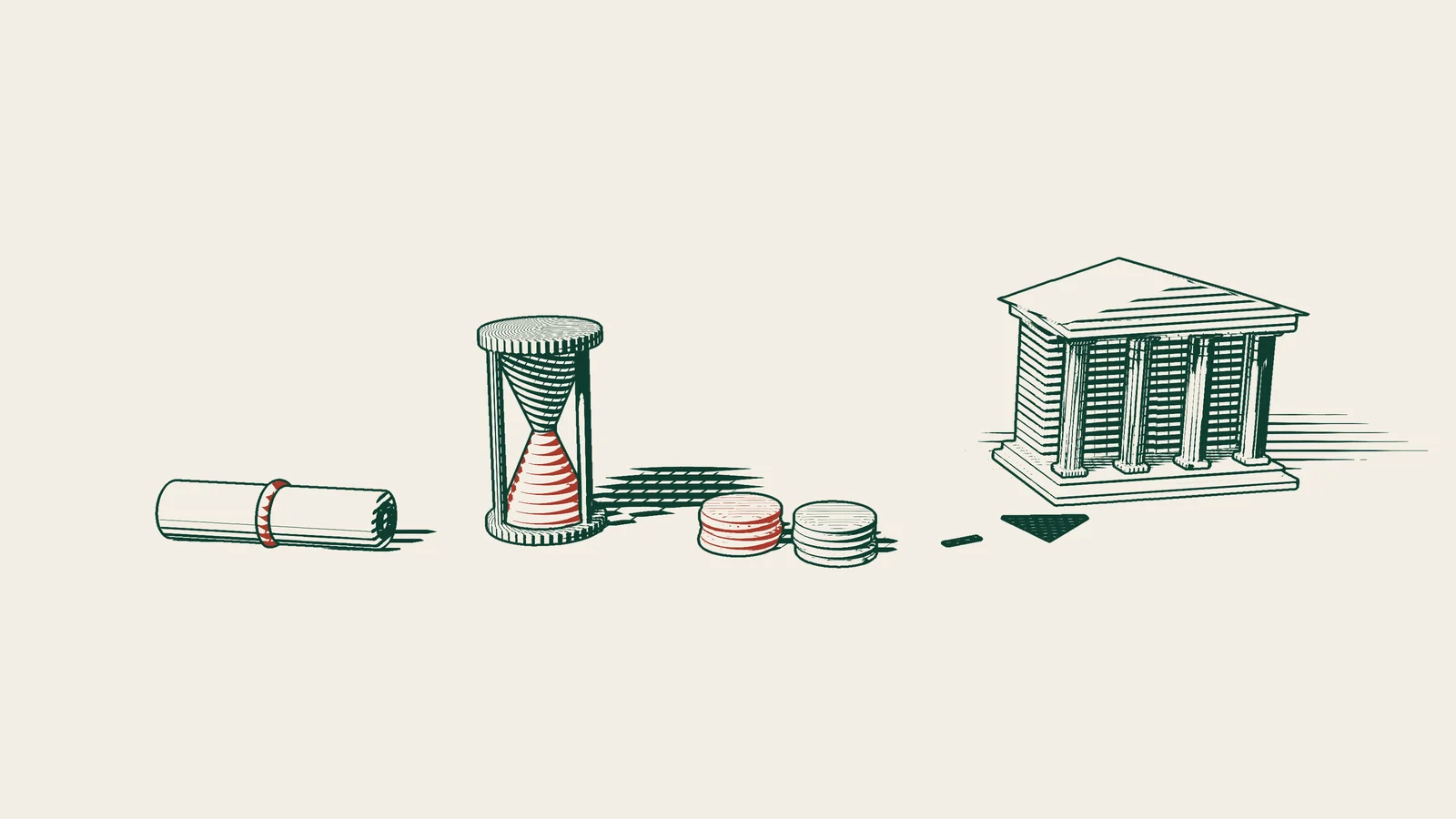 Engraving: a ribboned scroll, an hourglass, two equal stacks of coins and a dashed arrow leading to a columned bank building.