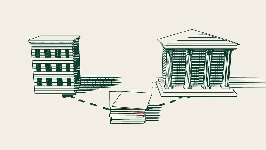 A stack of papers at the front, with two path arrows splitting off, one towards a windowed building on the left, the other towards a columned building on the right.