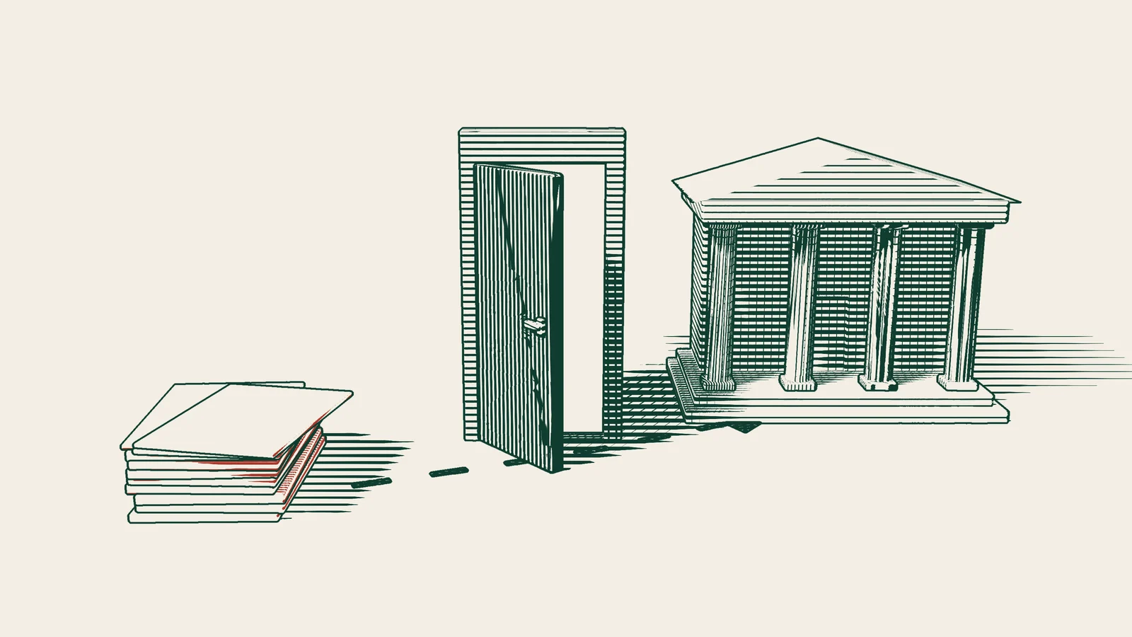 Engraving: a thick stack of papers in front, with a path arrow passing through a lit, half-open door towards a columned building behind.