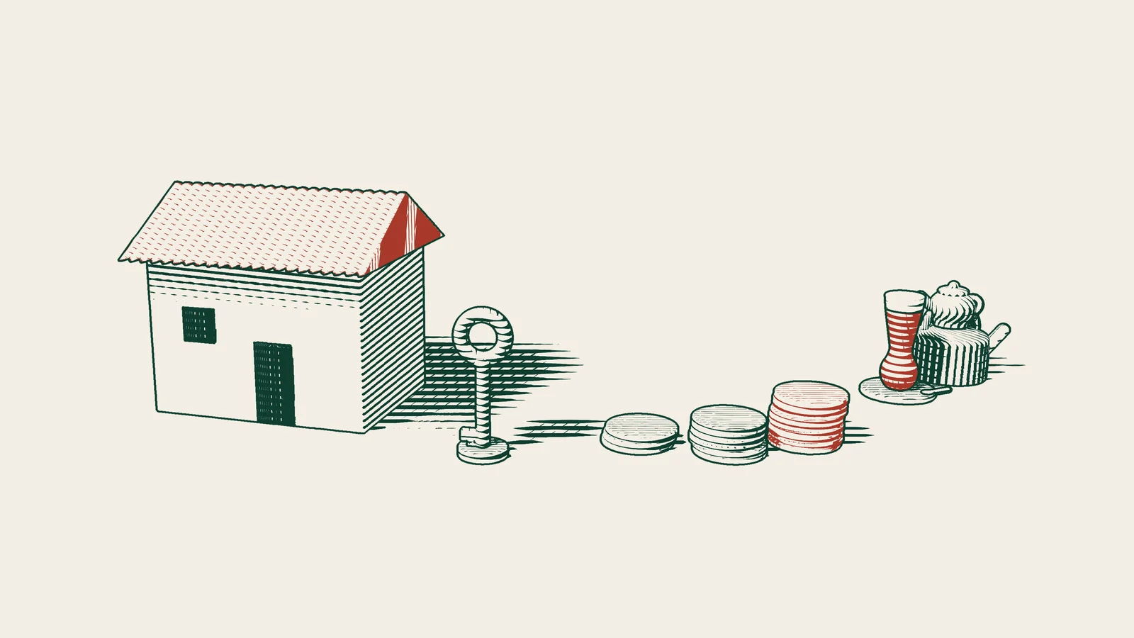 Engraving: a small house with a terracotta roof, a brass key in front of it and coin stacks rising from left to right, with a Turkish tea set.