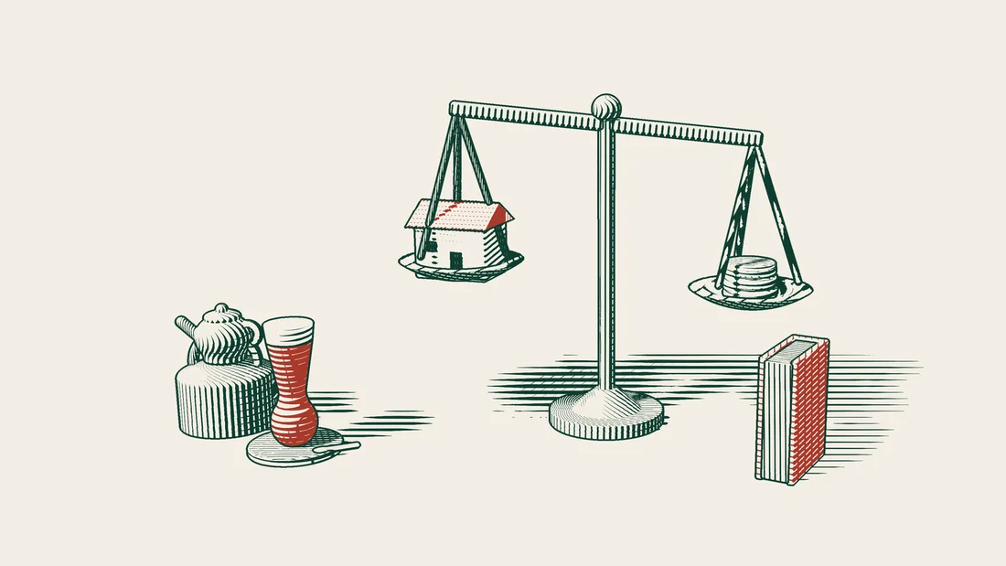 A pair of scales weighs a small house against a coin stack, with a red-bound court book standing at its foot.