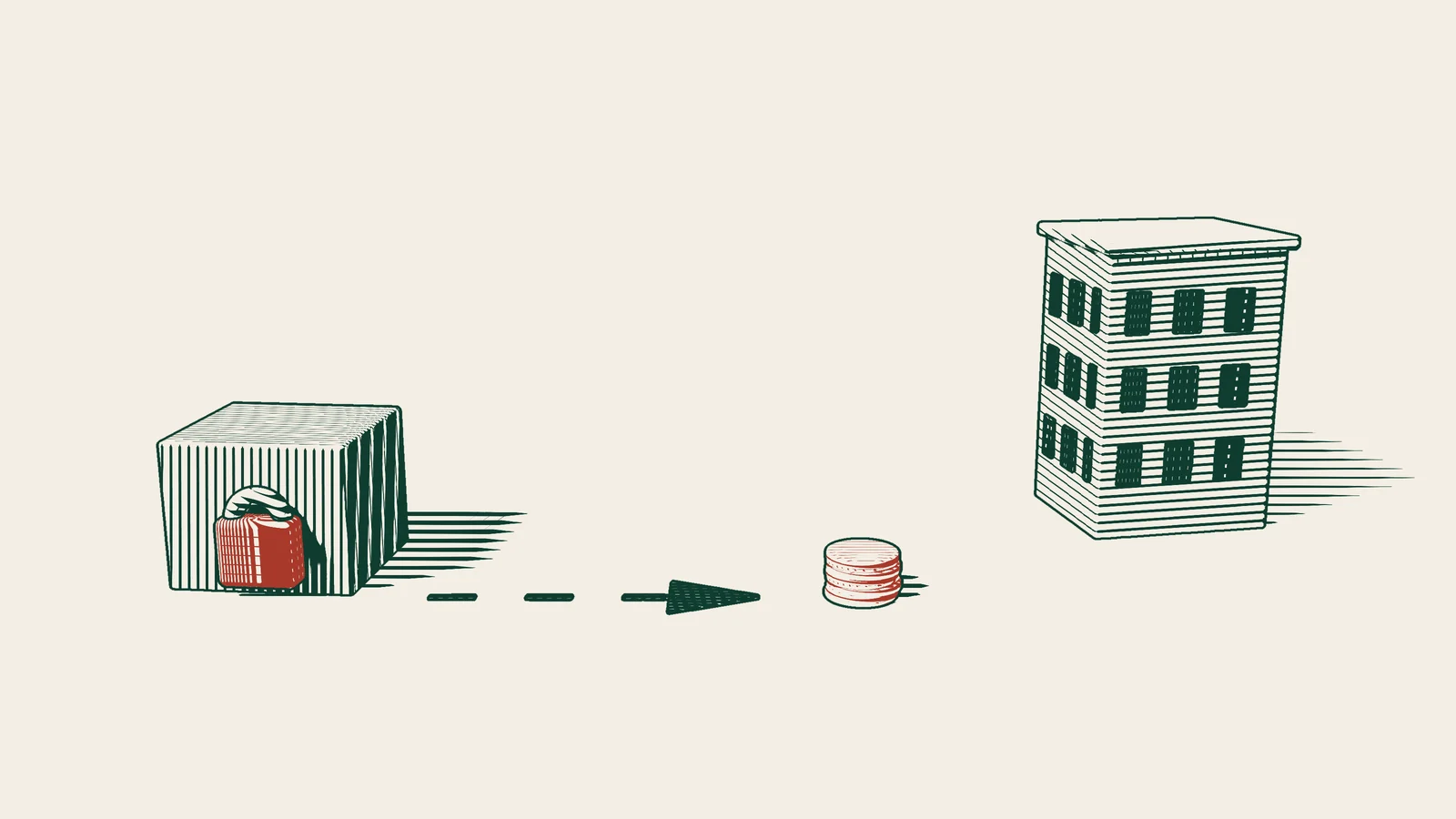 Engraving: a large crate with a red padlock on it, a dashed arrow ending at a small red coin stack, and a multi-storey building on the right.