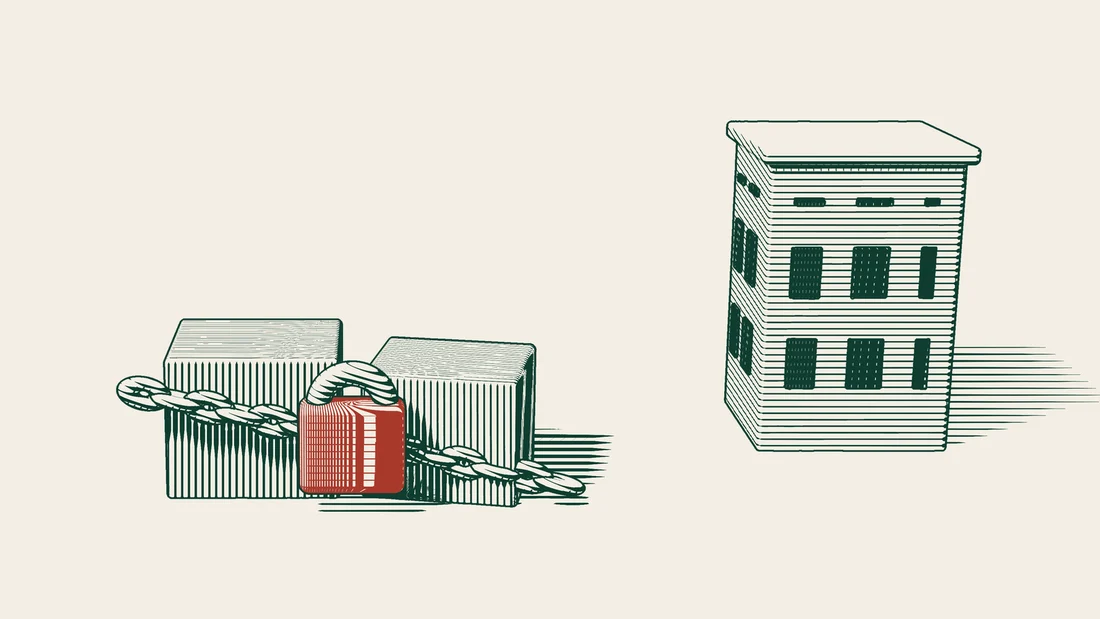 Parcels delivered to a buyer are bound together with a heavy chain, drawn in dark green lines on cream paper.