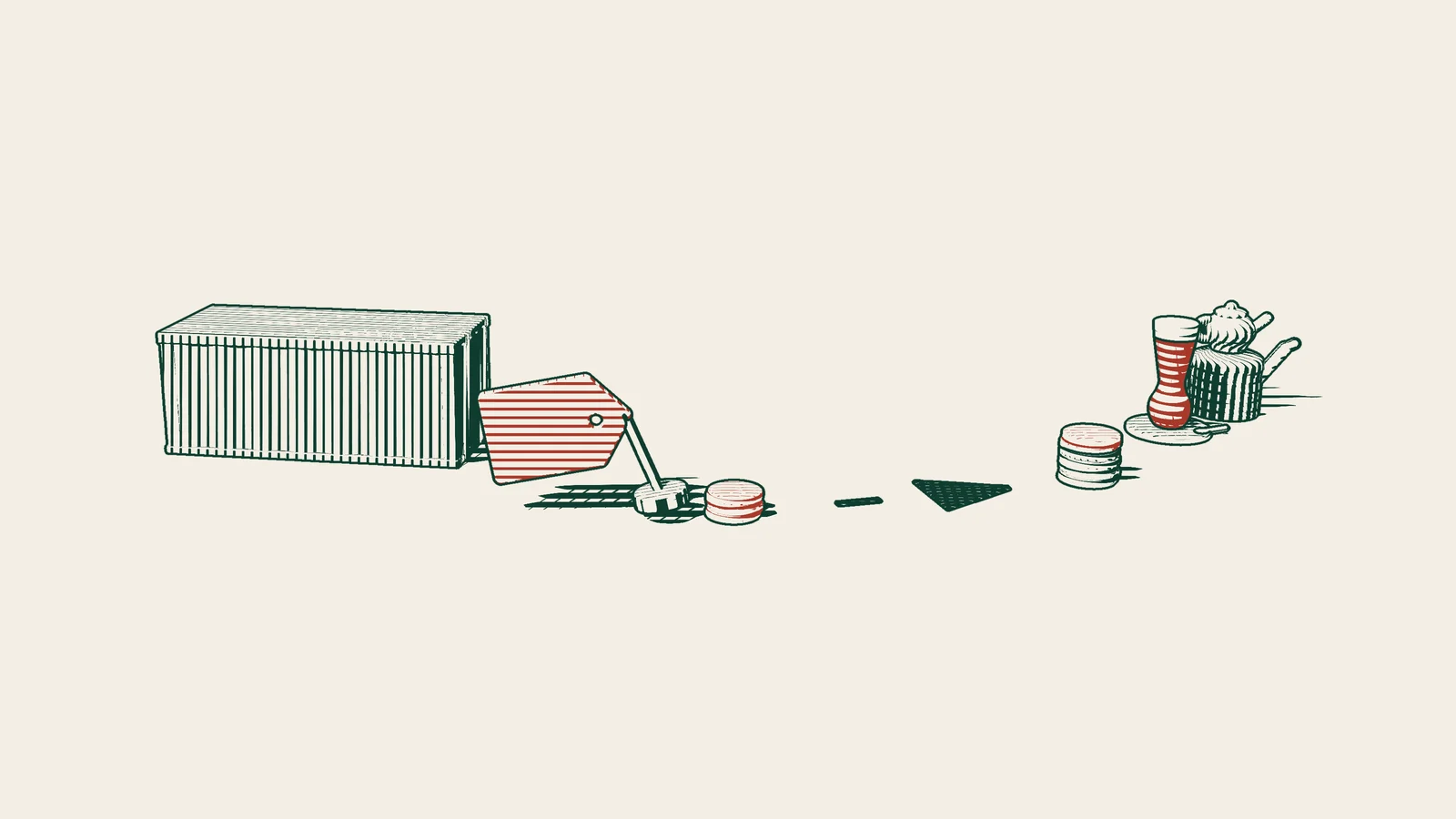 Engraving: a freight container with a red tag and a separate tower of coins, an arrow adding both to the customs value, beside a Turkish tea set.