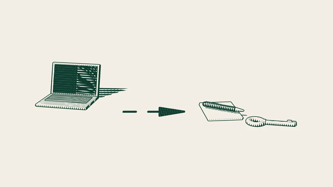A closed laptop with an arrow leading to a signed document, and a key placed beside the document.