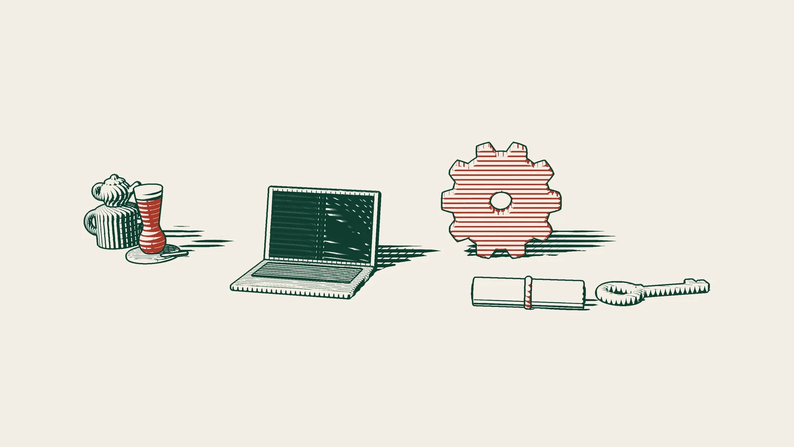 Engraving: a laptop with its screen off, a gear wheel, a ribboned assignment agreement, a brass key and a Turkish tea set.