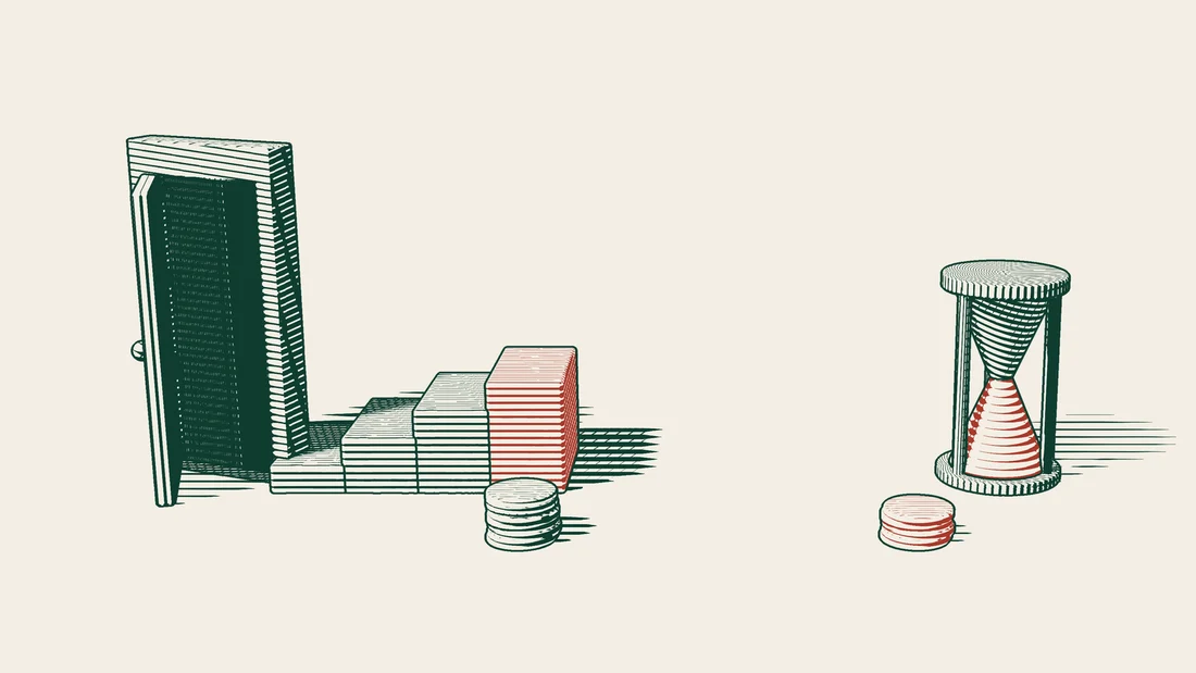 Two towers of coins stand side by side, with steps behind one and an hourglass behind the other.