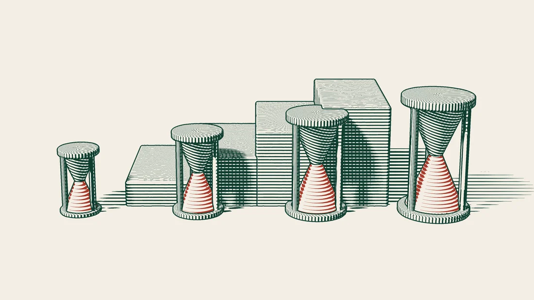 Four hourglasses arranged on rising steps, each one slightly larger than the one before it.