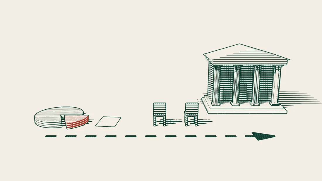 A share disc, a blank document, two chairs and a columned building, with an arrowed path running beneath them from left to right.