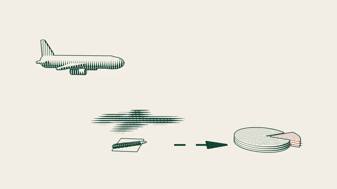 A signed paper reaches a share disc along a road with arrows that comes down from an aeroplane.