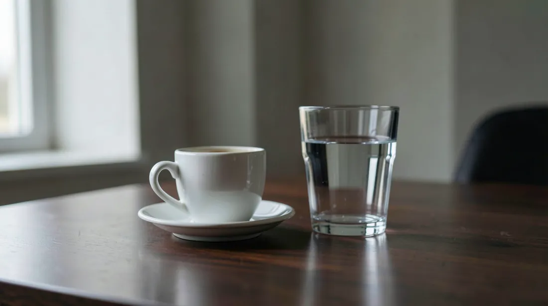 A white coffee cup on a saucer and a clear glass of water stand on a bare dark walnut table in soft window light