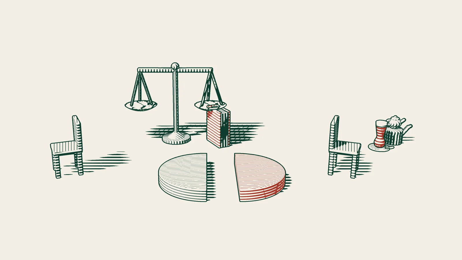 Engraving: a disc split into two equal halves pulled apart, two chairs set back to back, and a pair of scales and a red-bound book behind.