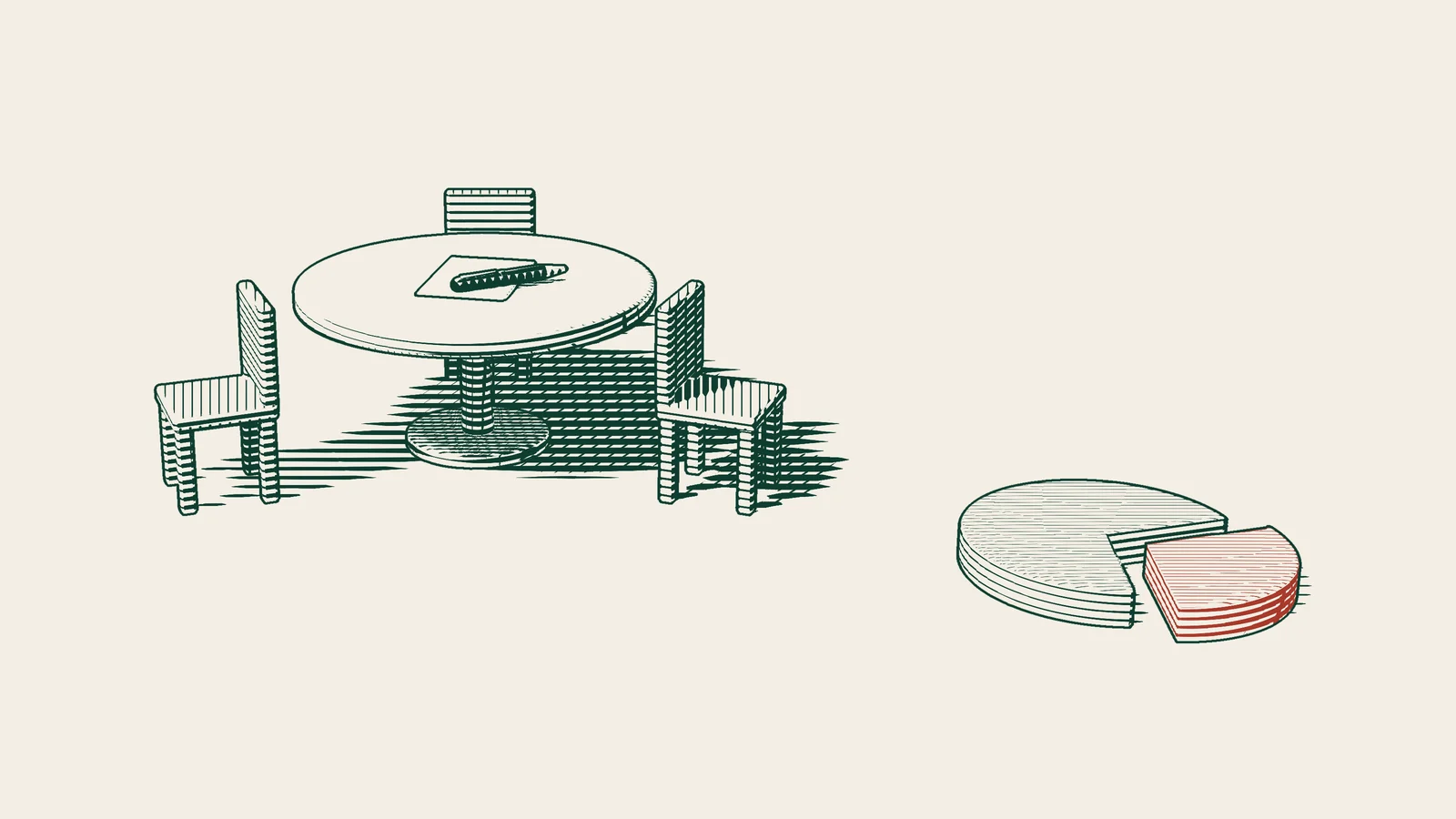 Engraving: a round table with three chairs, a blank contract and pen at its centre, and a share disc divided into three slices in front.