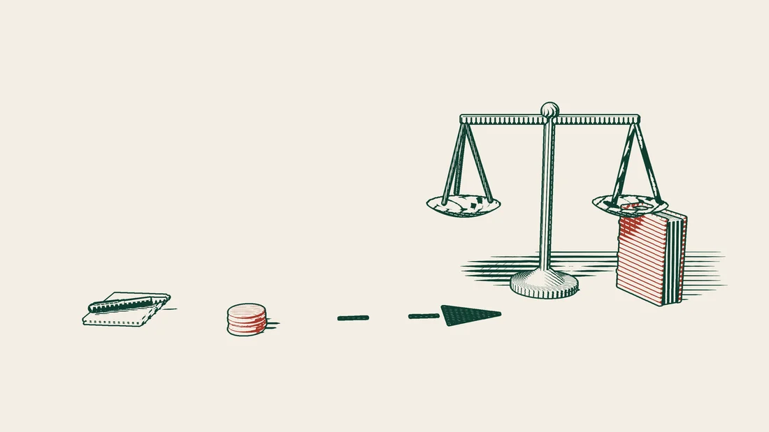 A stack of signed contracts beside a tower of coins, with an arrowed path leading to a scale of justice and a red-bound book.