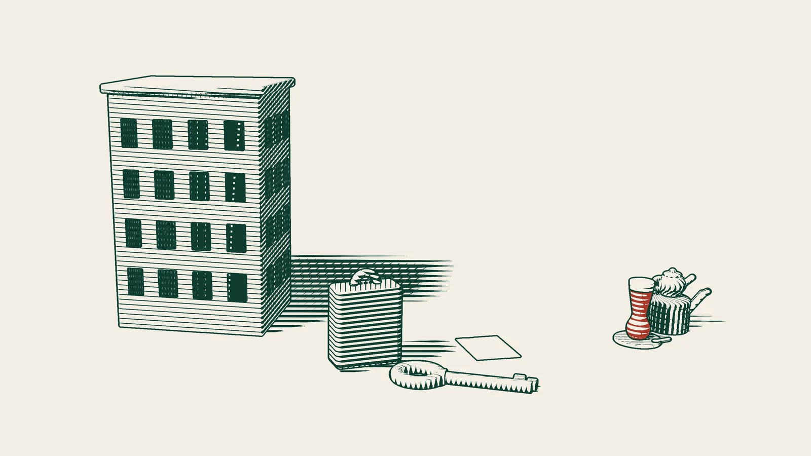 Engraving: a tourist's suitcase, a key and a blank permit document in front of an apartment building, with a Turkish tea set at the side.