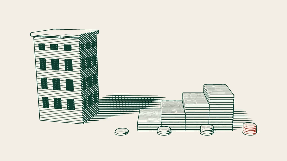 Steps rise beside an apartment building, and each step carries a taller tower of coins.