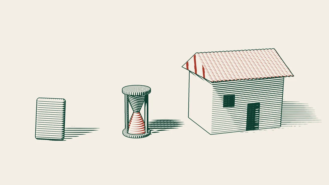 A passport, a small hourglass and a house with a tiled roof drawn in green lines on cream paper.