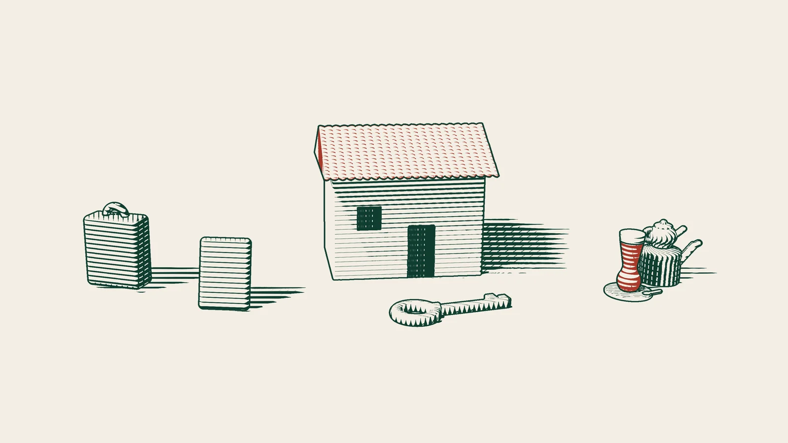 Engraving: a passport and suitcase beside a tiled-roof house and key in Türkiye, with a Turkish tea set to one side.