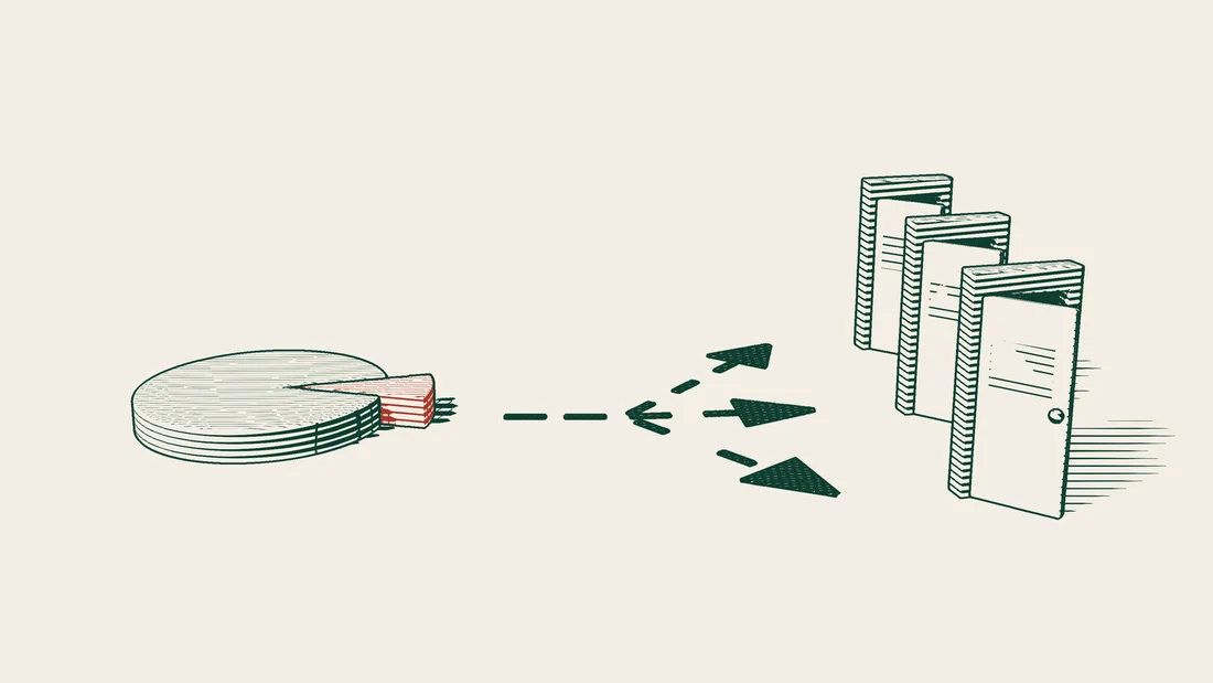 A large round share disc with a small red slice cut away, and an arrow path leaving it that divides into three separate doors.