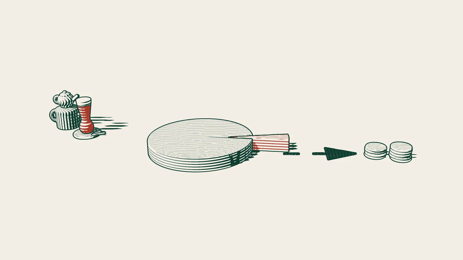 Engraving: a thin red slice of a disc is pushed out along an arrowed path, with stacks of coins placed beside it in return, and a Turkish tea set.