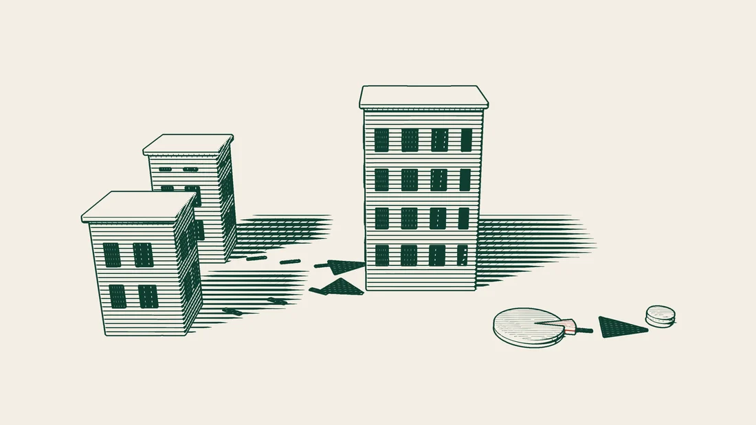 Two clear arrows from two small company buildings meet in one large building, while a broken arrow runs from a small red share slice to stacks of money.