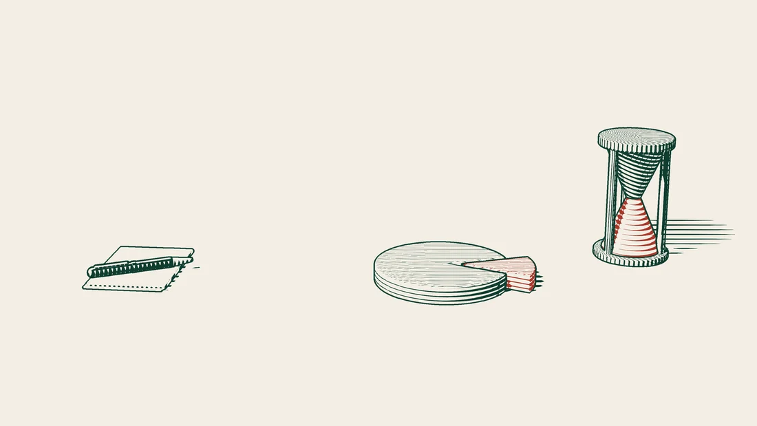 A signed contract with no visible text and a pen, beside a share disc and an hourglass.