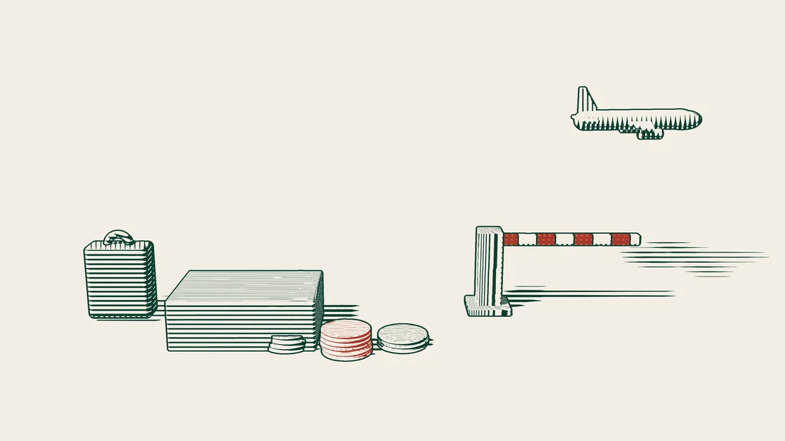 A suitcase, a block of carved stone and old coins in front of a lowered barrier arm, with an aeroplane taking off beyond.