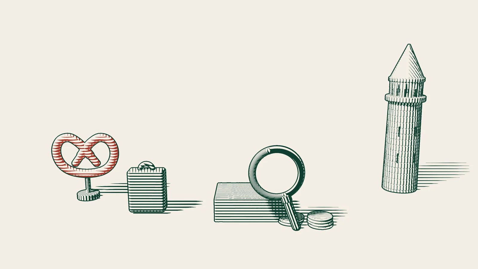 Engraving: a red pretzel and a suitcase on the left, a carved stone and coins under a magnifying glass, and an Istanbul stone tower.