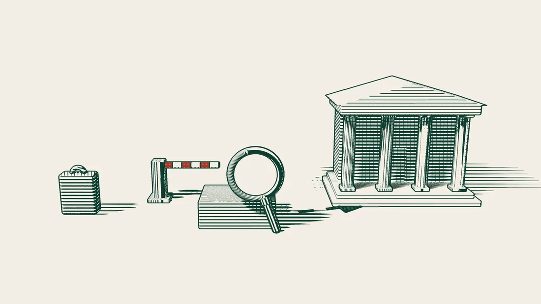 A suitcase and a barrier on the left, a carved stone under a magnifying glass, and a dashed path leading to a columned building.