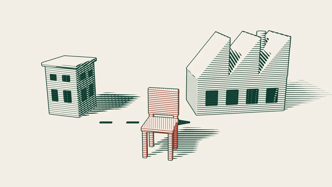 A dashed path runs from a small contractor building to a large factory, with a single red chair standing in the open space in front.