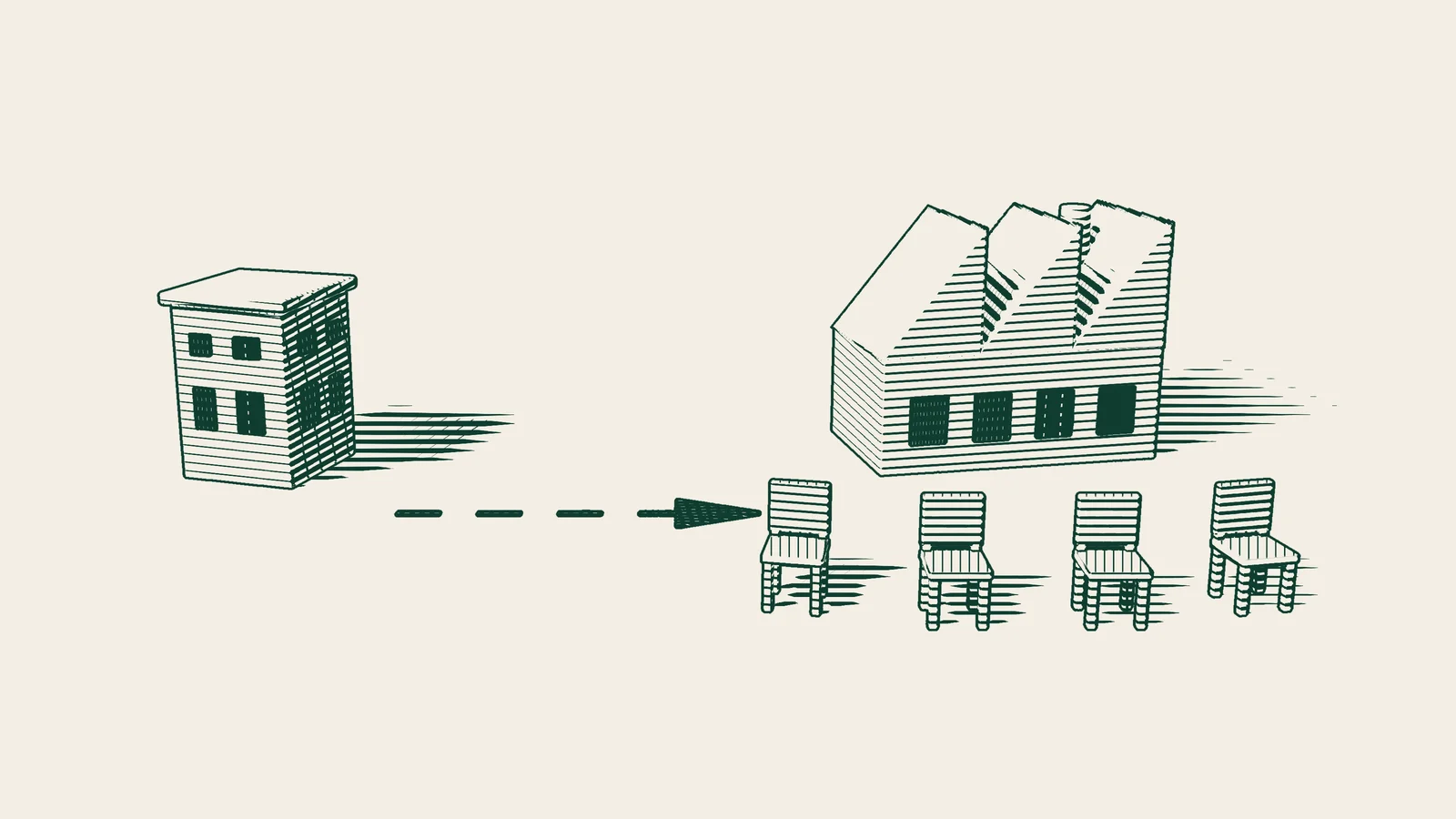 Engraving: an arrow runs from a small contractor building to a large factory, with four chairs set in a separate row in front of the factory.