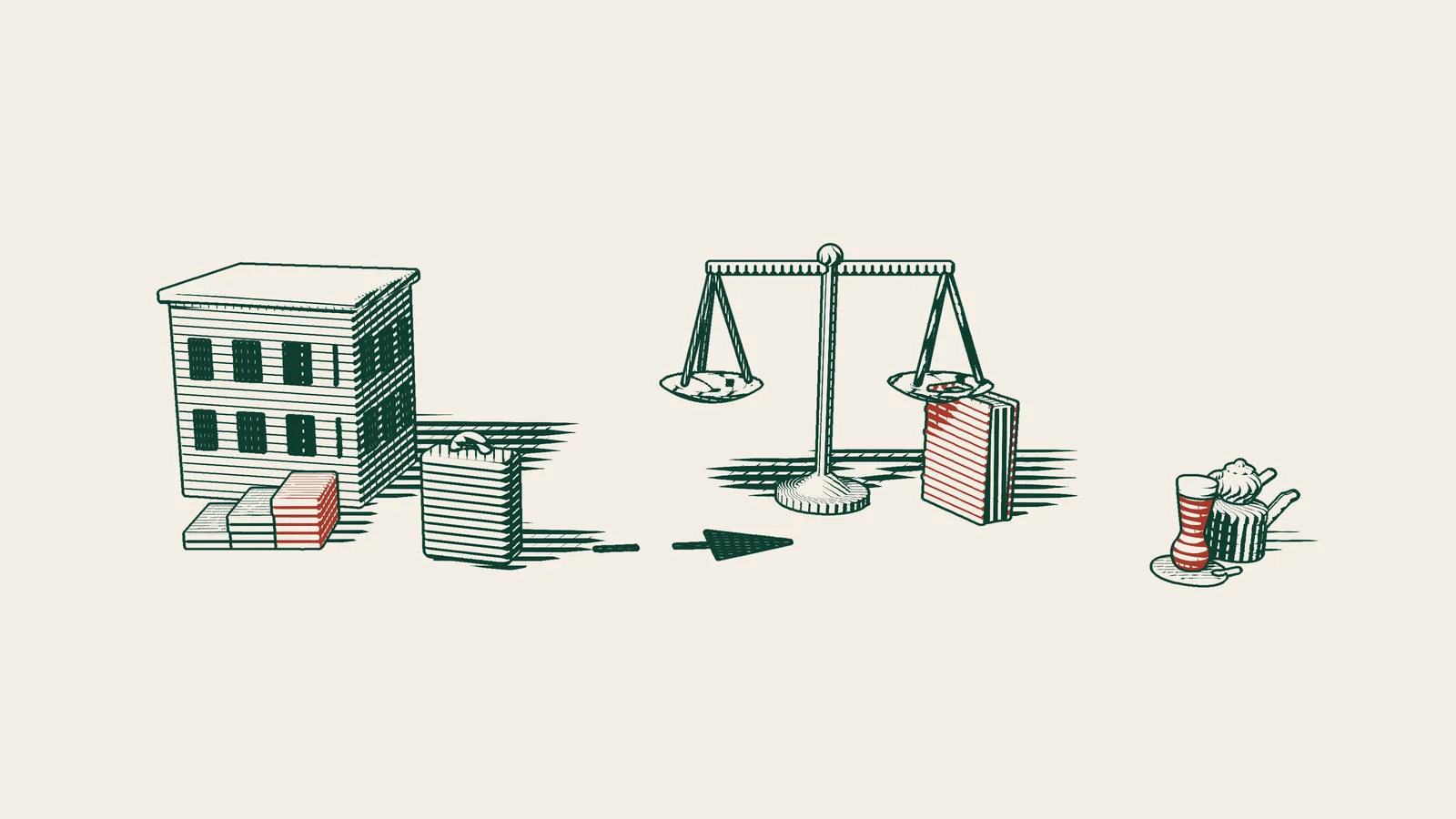 Engraving: an unfinished apartment block beside a foreign buyer's suitcase, an arrowed path to a scale and a red-bound book, and a Turkish tea set.