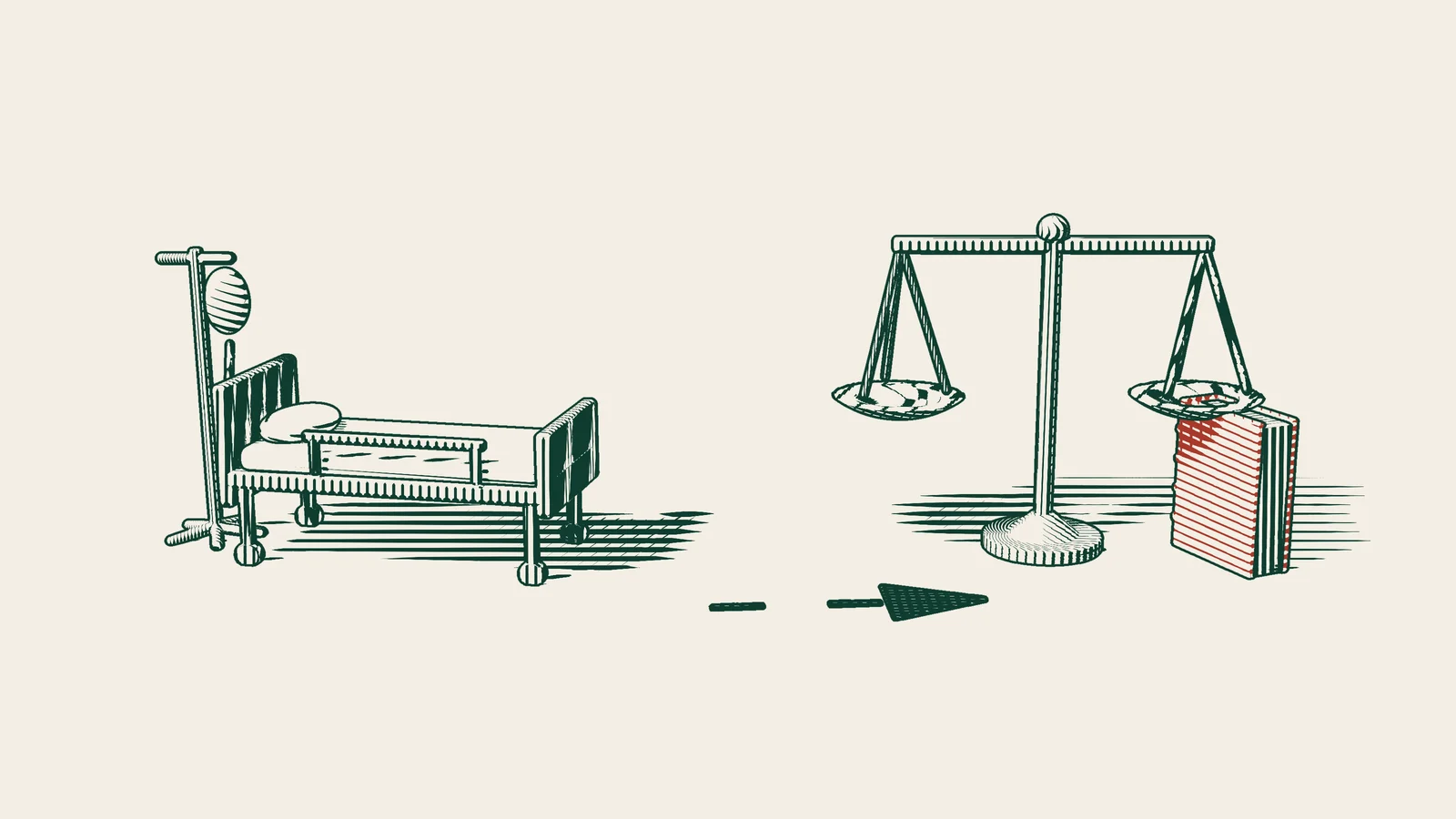 Engraving: a hospital bed and drip stand, with an arrowed path leading to a scale and a red-bound book.