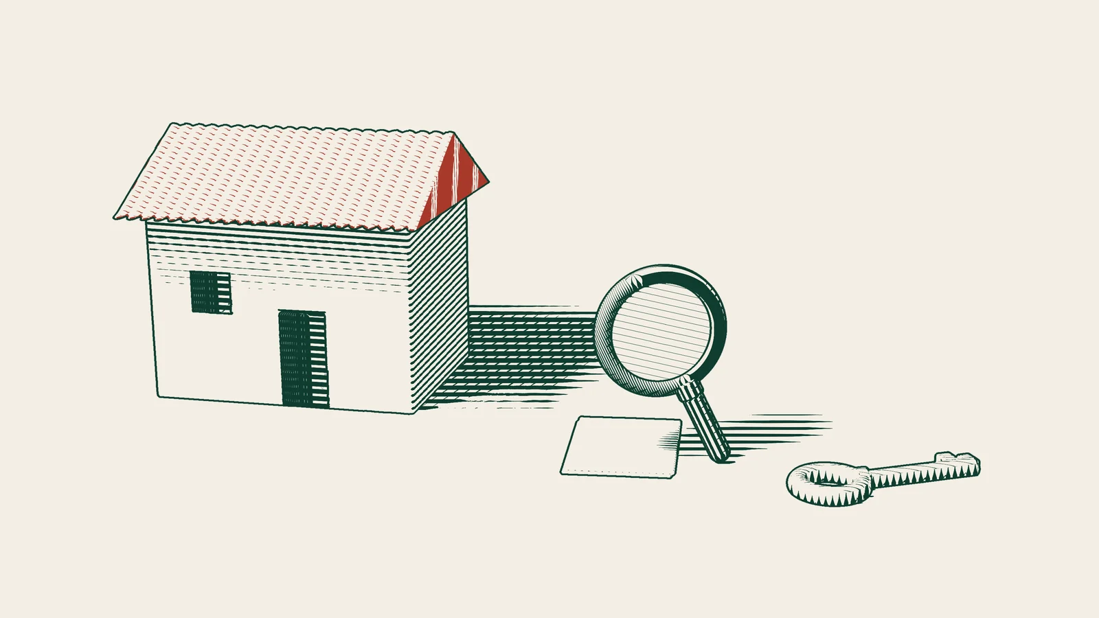 Engraving: a title deed with no writing is examined with a magnifying glass in front of a tiled-roof house, beside a key and a Turkish tea set.