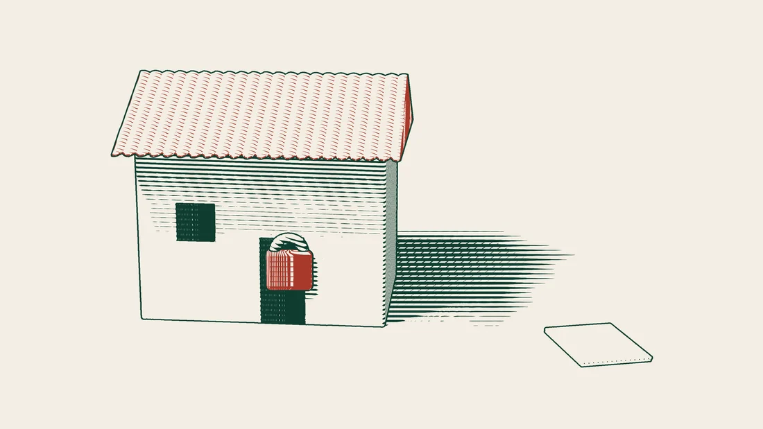 A house with a red padlock on its door and a blank title deed lying in front of it.