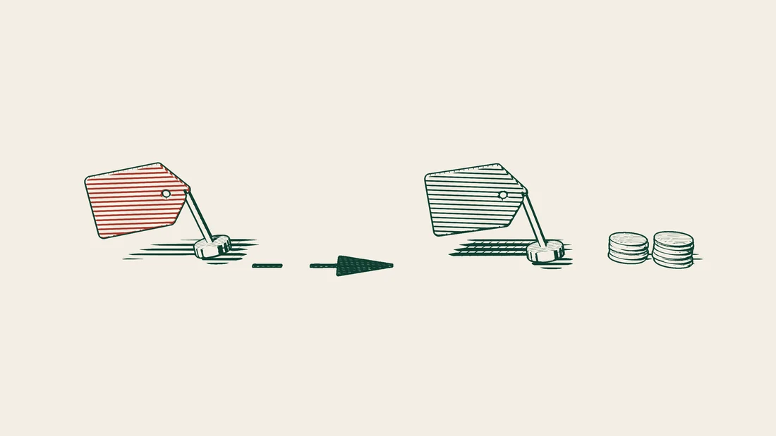 Two red tags joined by an arrowed path lead to tall stacks of coins, showing how a change of tariff class changes the duty owed.