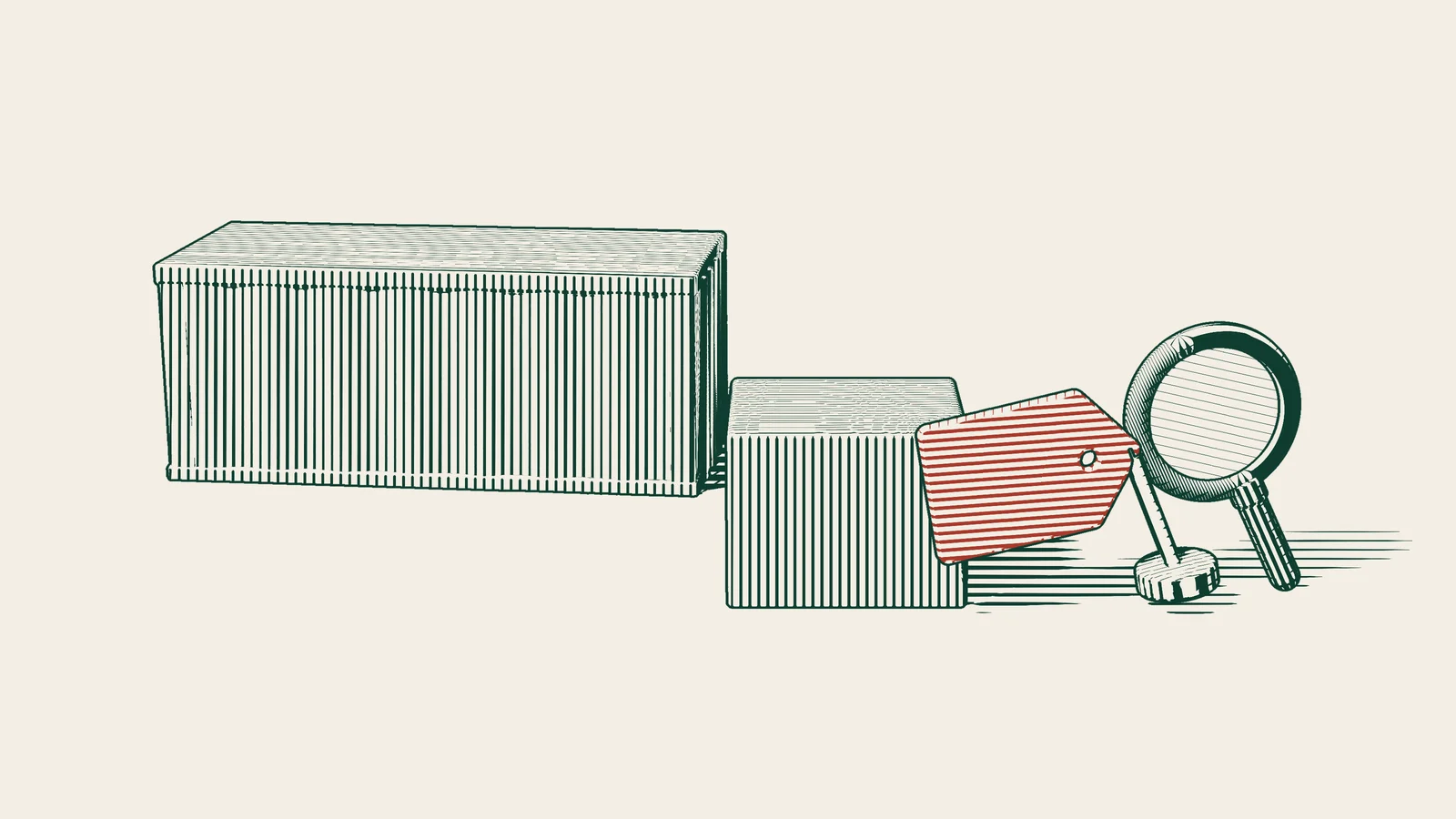 Engraving: a parcel with a red label in front of a shipping container, the label examined under a magnifying glass.