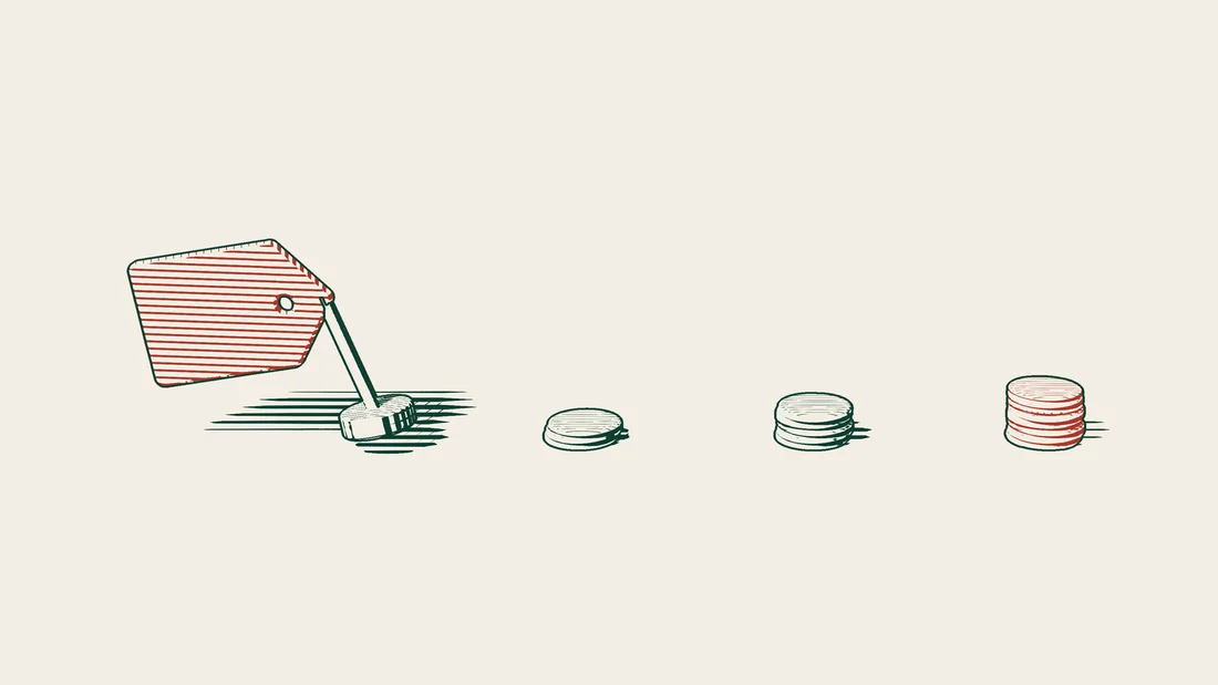 A red label beside towers of coins that rise steadily higher from one to the next.