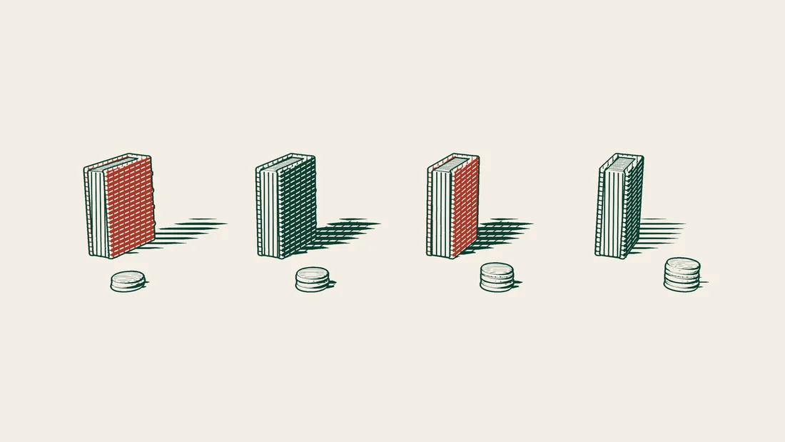 Four statute books standing in a row, each with a tower of coins placed in front of it.