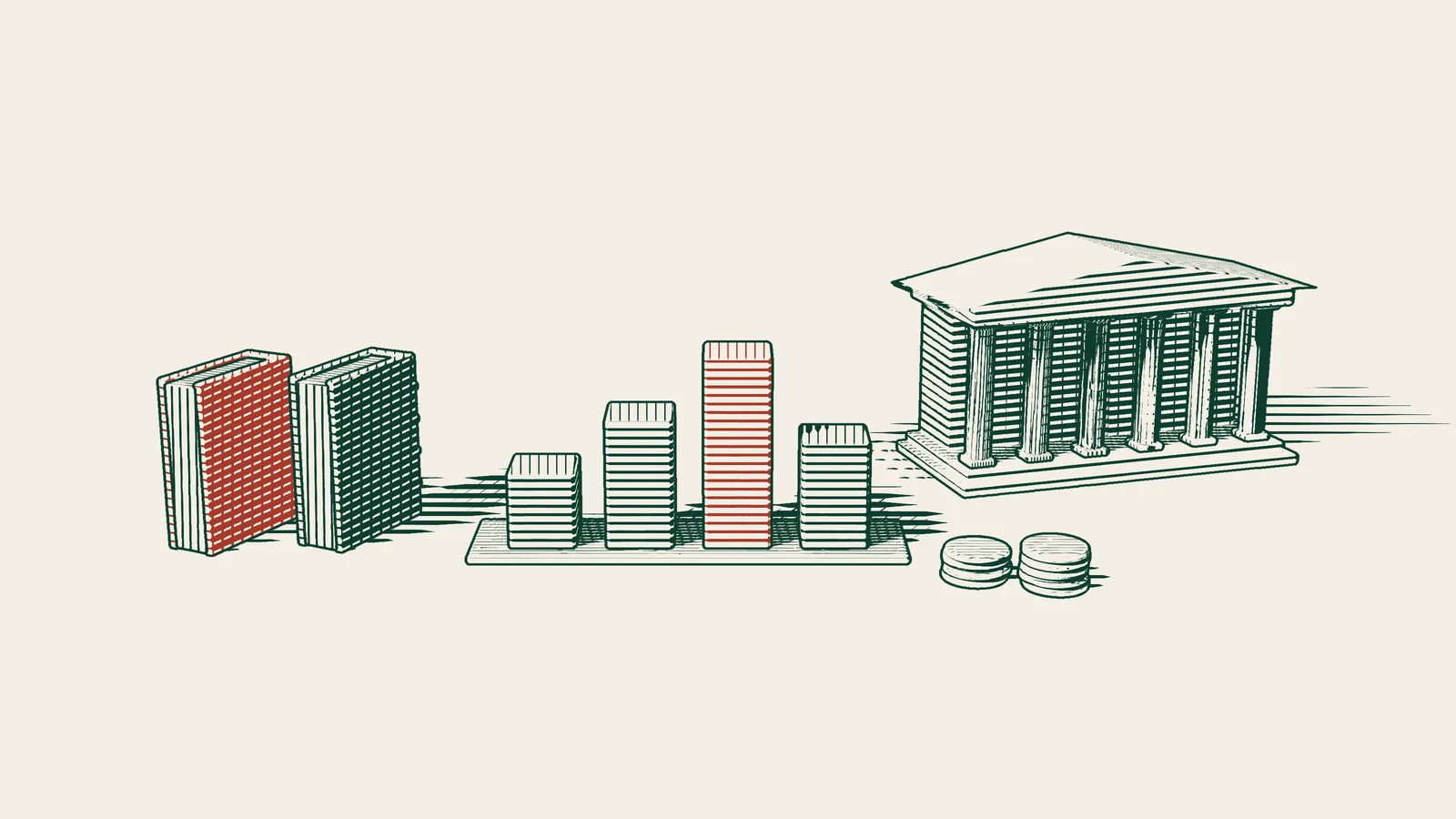 Engraving: red-bound statute books, a bar chart and towers of coins, with a columned public building in the background.