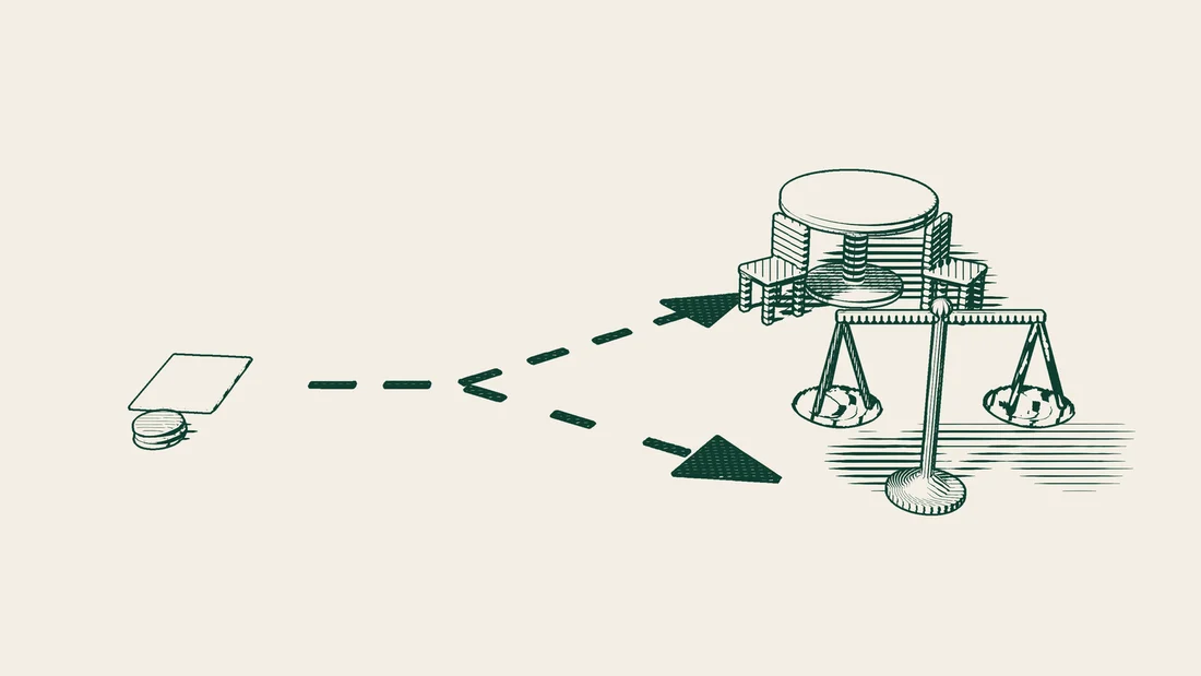 A road leaves a blank tax sheet and divides in two: one branch leads to a table with two chairs, the other to scales and a red bound book.