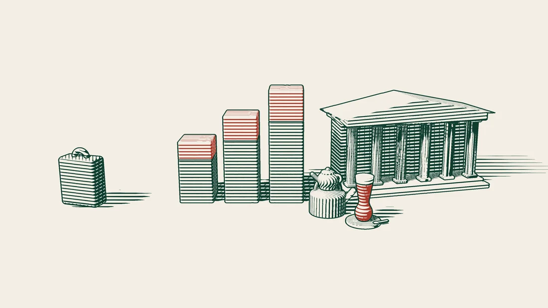 Three rising columns, each topped with a red block, stand between a suitcase and a columned public building, with a Turkish tea set in front.